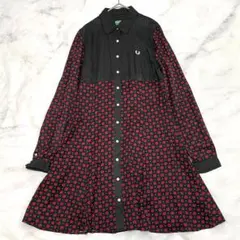 フレッドペリー バラ柄 長袖 シャツワンピース 10 黒 ロゴ刺繍 M相当