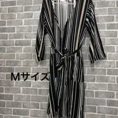 ガウンワンピ　羽織り　チュニック　ベルト付き　ストライプ　ロング丈　スリット