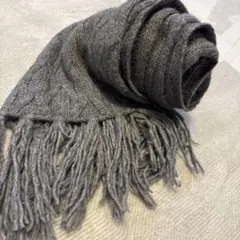 バナリパ　ウール リブ編み マフラー グレー 長め フリンジ付き