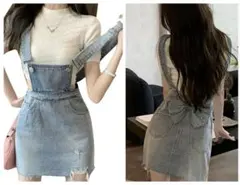 デニム サロペット ミニ丈 バックリボン付き