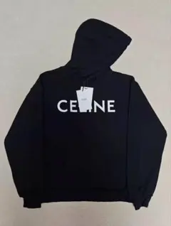 【人気デザイン】セリーヌ☆フードロゴ パーカー 入手困難 即完売品モデル セリーヌ】CELINE ロゴ ブラック コットンフリースパーカー