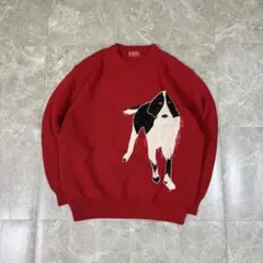 ニット セーター カジュアル レトロ 古着 アニマル 犬 赤 ウール 刺繍のサムネイル