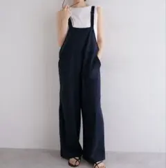 アンドミー　リネン混ワイドベイカーサロペットネイビーLサイズのサムネイル