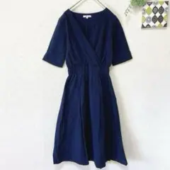 【フレディエミュ】 カシュクールワンピース S 半袖 ネイビー シワ加工のサムネイル