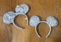 ディズニー　カチューシャ　ミッキー　ミニー　2点　スパンコール　シルバー　ペア
