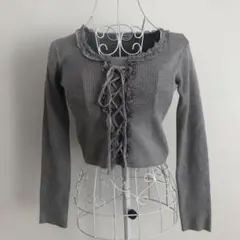 グレー フリル付き長袖ニット Mサイズ