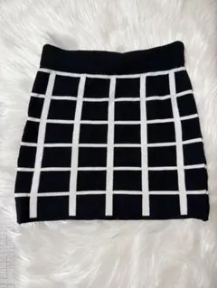 【チェック柄】ニットスカート/ミニスカート/ブラック×ホワイト