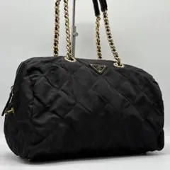 【美品】PRADA チェーン ショルダーバッグ キルティング 三角プレート 黒
