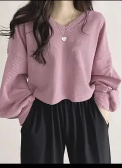 無地 Vネック ピンク トップス M