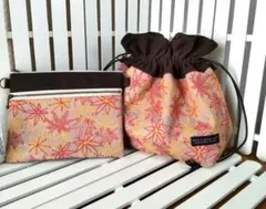 最終価格！もみじ柄の巾着&ダブルファスナーのポーチ（ブラウン） 敬老の日にも！