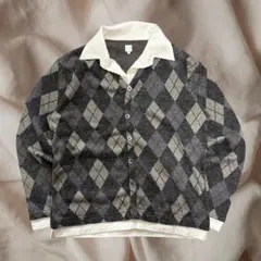アーガイル柄 起毛ニット レイヤードカーディガン 貝ボタン Y2K 古着 グレー