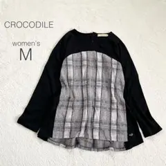 【クロコダイル】異素材ドッキング長袖チュニック チェック 綿混 体型カバー 秋冬