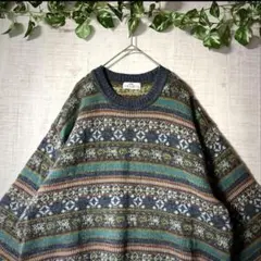 【ヴィンテージ】総柄ニット セーター ウール100% 日本製 太アーム サイズL