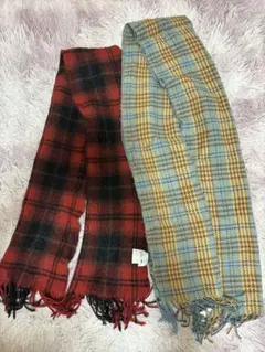赤と黒のチェック柄・青と茶のチェック柄マフラーセット