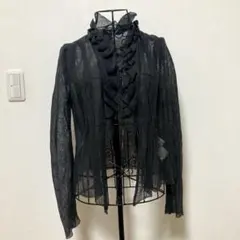 ヒロココシノ、麻100。黒メッシュ、透け感あり、フリル付きカーディガン　軽い