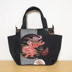 帯リメイク獅子と花の刺繍トートバッグ