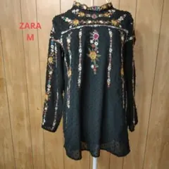 ZARA 黒 ブラウスドット 刺繍入シースルー生地 裏地付 Mのサムネイル