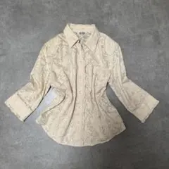 ダマスク柄 シアーブラウス ベージュ フリル 上品 きれいめ
