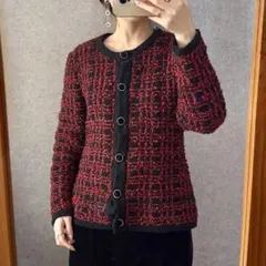 ヴィンテージ レトロ古着 ツイード調ニットジャケット カーディガン 赤黒