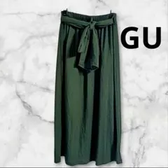 GU　オリーブグリーン フレアロングスカート 　ウエストリボン付き