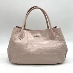 フルラ FURLA ピンクベージュクロコ型押しハンドバッグシルバー金具✧
