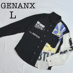GENANX 柄シャツ長袖　L ブラック×ホワイト黒白