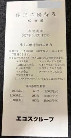 エコス 株主優待券 12000円分 100円×120枚 - メルカリ
