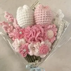 【母の日】カーネーション、枯れない花束、編み物、ピンク系