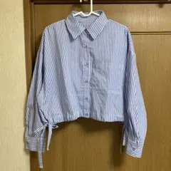 グレイル　ストライプ柄ドロストショート丈シャツ　ブルー　フリーサイズ