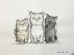 【三匹の子猫】原画 猫のインテリア絵画 ドローイング水彩 ハンドメイドアート