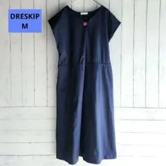 DRESKIP ネイビー フレンチスリーブVネック赤花ボタン1つワンピースM