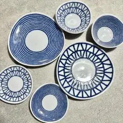 波佐見焼　小皿2枚　小鉢2個　中皿2枚　合計6点　藍玉　indigo 駒筋　格子