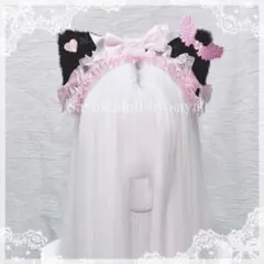 ♡ 病みかわ 天使の羽 猫耳フリルカチューシャ black×pink ♡