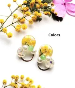 Lハンドメイドピアスイヤリング　レジン　ミモザ　ドライフラワー　　モコモコパール