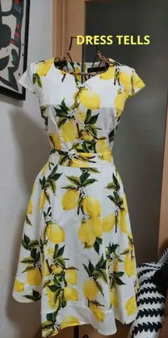 美品❕クラシック　ロカビリー ドレスワンピース 綿　ベルト付き　レモン柄