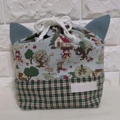 ハンドメイド　巾着袋　4枚はぎタイプ　小物入れ　昔ばなし猫×整列ねこ ハンドメイド 巾着袋 4枚はぎタイプ 小物入れ 猫の不時着×整列ねこ