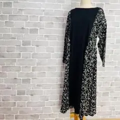 美品✨切替ロングワンピース 花柄 総柄 黒 Aライン ゆったり B173