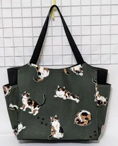 猫柄・三毛猫Time ・ダークグリーン・サイドポケット付きトートバッグW・