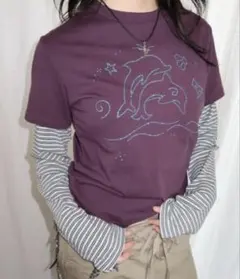 DIAVEL フェイクレイヤード/ラインストーンTシャツ／Y2K可愛いトップス