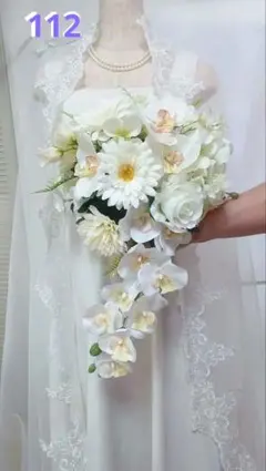 112 ウェディング キャスケード型ブーケ＆ブートニア　フォト婚　インテリア