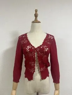 【美シルエット】レース刺繍 シアー カーディガン レッドのサムネイル
