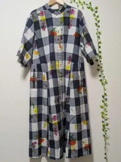 綿麻先染めブロックチェックフラワーロンドプリントワンピース／スーパーハッカ