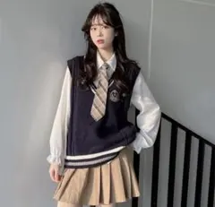 【 スクール風 】ニットベスト M ネイビー ワッペン付き 制服コーデ