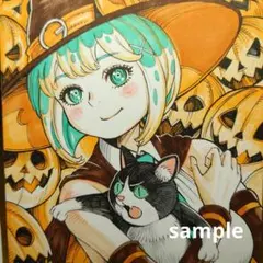 手描きイラスト 142】オリジナル原画 色紙 黒猫「魔女と黒猫の学生証