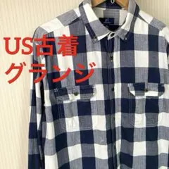 グランジ USA古着 ネルシャツ ブロックチェックGEORGE ジョージ 白 紺