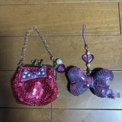 ディズニーピンクのビーズ付きミニバッグとリボンストラップ