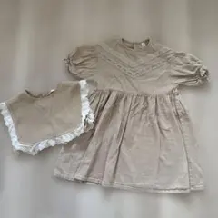 ワンピース　半袖　5部袖　ロングワンピース　スクエアヨーク　フリル　ベージュ