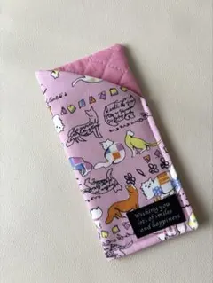 ハンドメイド　メガネケース　猫柄　薄いピンク