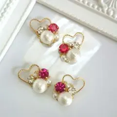 コットンパールとキラキラハートビジューピアスNo.18