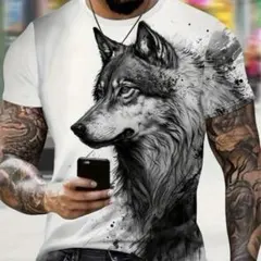 【新品】半袖Tシャツ 狼 オオカミ柄 ウルフ メンズ 2Lサイズ 白黒 モノクロのサムネイル